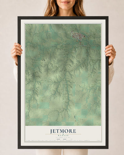 Map of Jetmore, Kansas, 24 x 36 inch print in a black wood frame