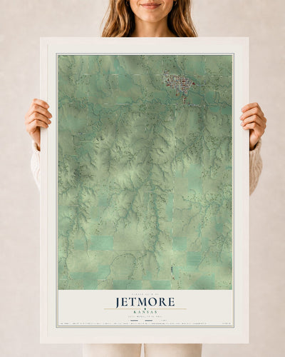 Map of Jetmore, Kansas, 24 x 36 inch print in a white wood frame