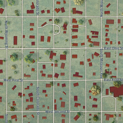 Close-up of the map of Kanopolis, Kansas print showing street and building detail