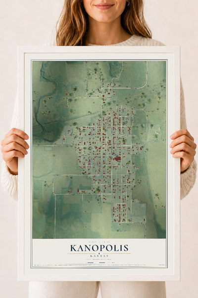 Map of Kanopolis, Kansas, 18 x 24 inch print in a white wood frame