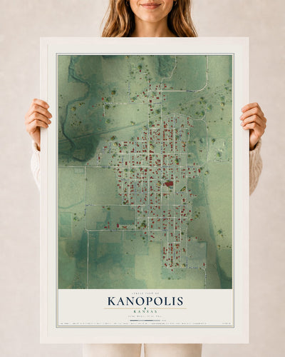 Map of Kanopolis, Kansas, 24 x 36 inch print in a white wood frame
