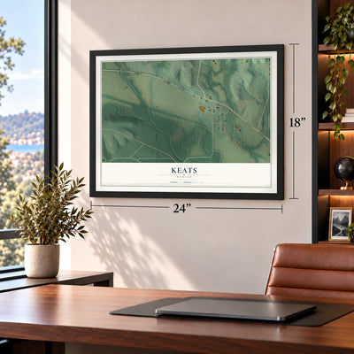 Keats, Kansas map, 18 x 24 inch print in a black frame in a home office