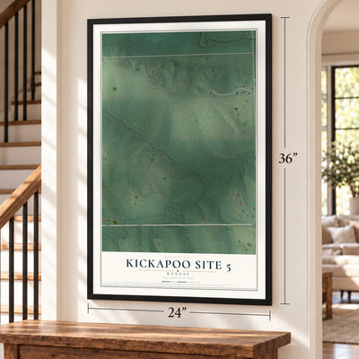 Kickapoo Site 5, Kansas map, 24 x 36 inch print in a black frame by a staircase