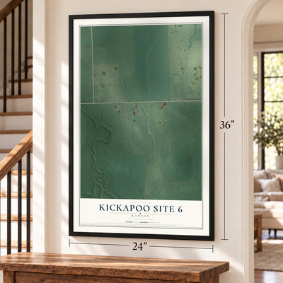 Kickapoo Site 6, Kansas map, 24 x 36 inch print in a black frame by a staircase