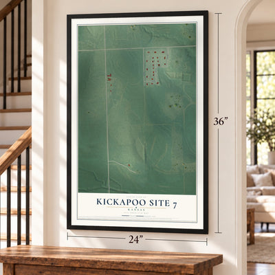 Kickapoo Site 7, Kansas map, 24 x 36 inch print in a black frame by a staircase