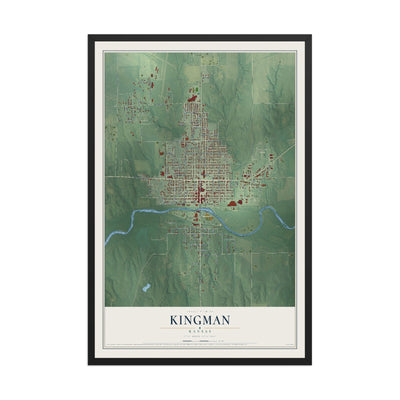 Map of Kingman, Kansas, 12 x 18 inch print in a black wood frame