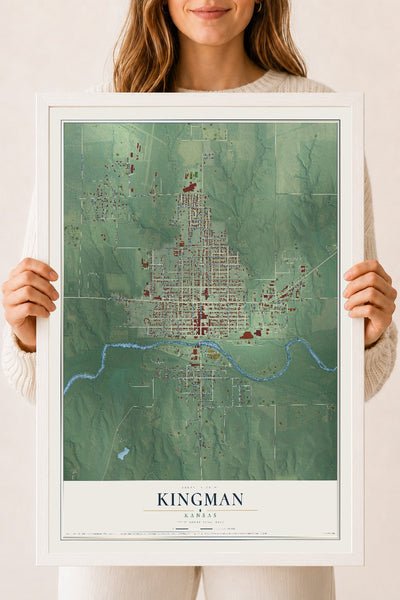 Map of Kingman, Kansas, 18 x 24 inch print in a white wood frame