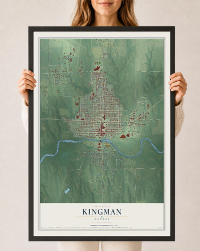 Map of Kingman, Kansas, 24 x 36 inch print in a black wood frame