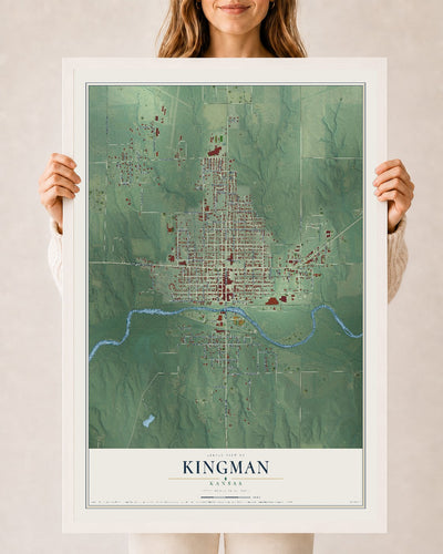Map of Kingman, Kansas, 24 x 36 inch print in a white wood frame