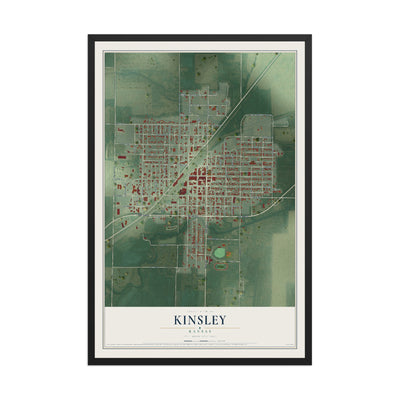 Map of Kinsley, Kansas, 12 x 18 inch print in a black wood frame