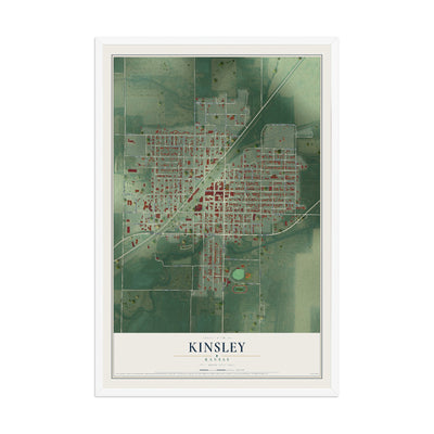 Map of Kinsley, Kansas, 12 x 18 inch print in a white wood frame