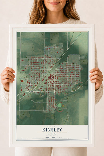 Map of Kinsley, Kansas, 18 x 24 inch print in a white wood frame