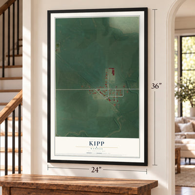 Kipp, Kansas map, 24 x 36 inch print in a black frame by a staircase