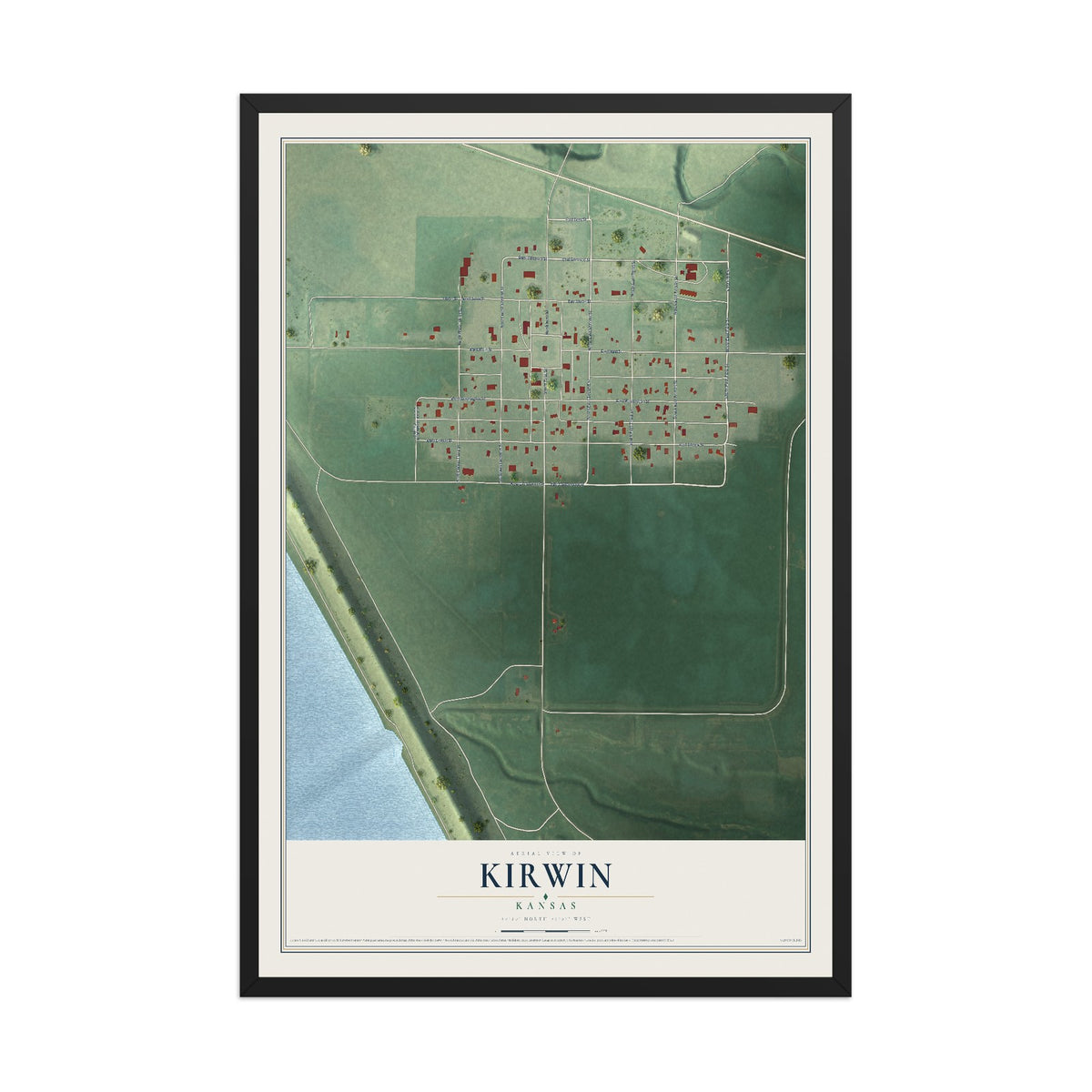 Map of Kirwin, Kansas, 12 x 18 inch print in a black wood frame