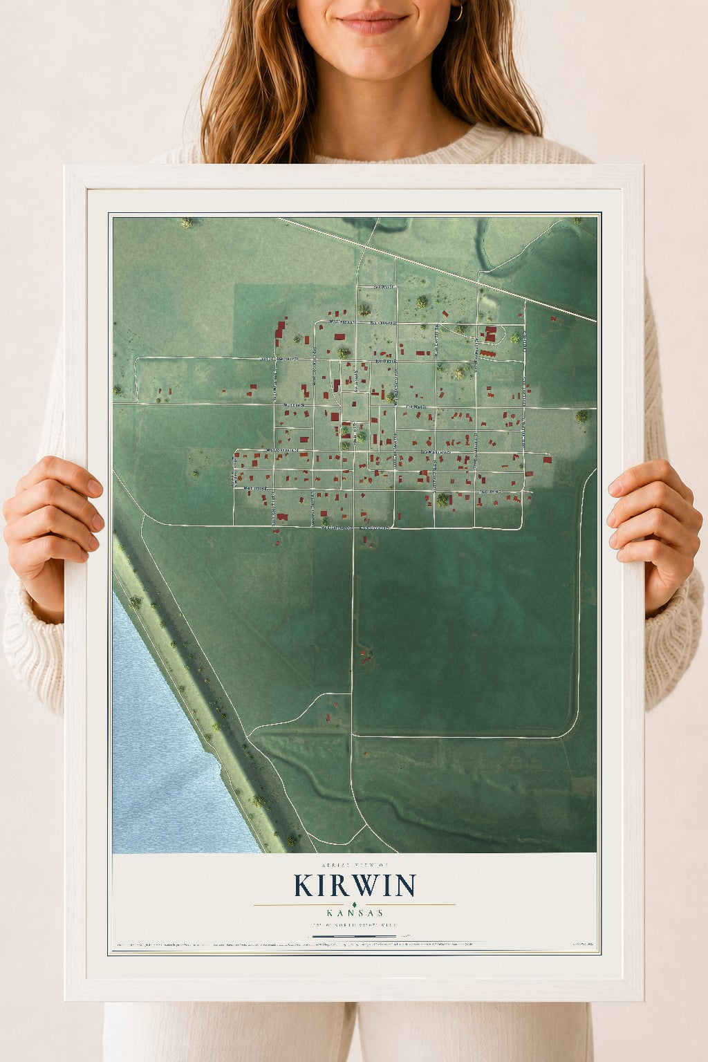 Map of Kirwin, Kansas, 18 x 24 inch print in a white wood frame