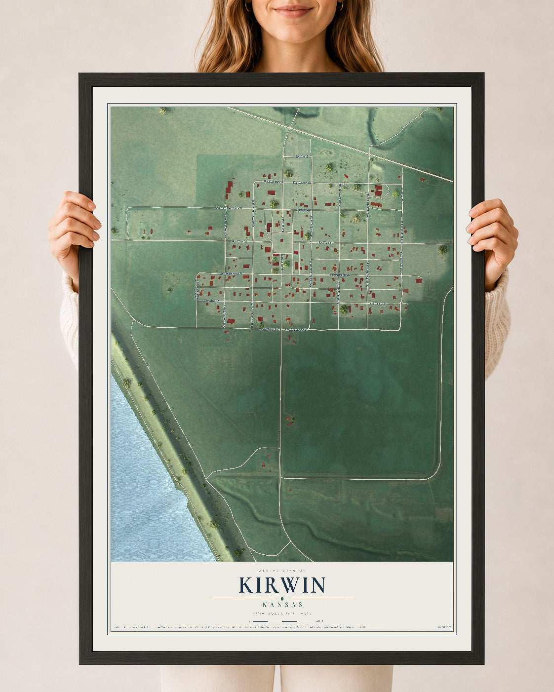 Map of Kirwin, Kansas, 24 x 36 inch print in a black wood frame