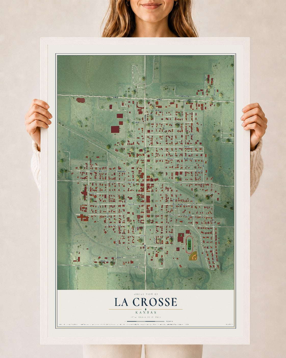 Map of La Crosse, Kansas, 24 x 36 inch print in a white wood frame