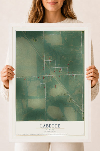 Map of Labette, Kansas, 18 x 24 inch print in a white wood frame