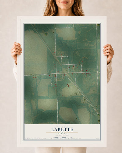 Map of Labette, Kansas, 24 x 36 inch print in a white wood frame