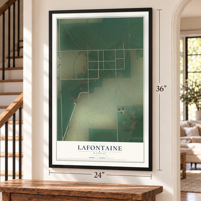 Lafontaine, Kansas map, 24 x 36 inch print in a black frame by a staircase