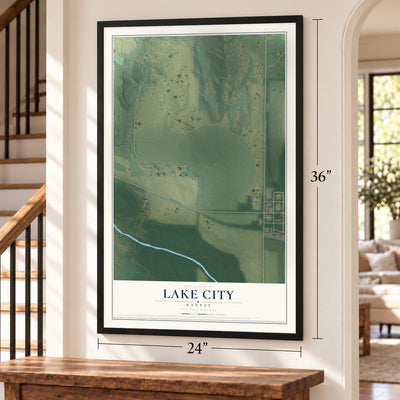 Lake City, Kansas map, 24 x 36 inch print in a black frame by a staircase