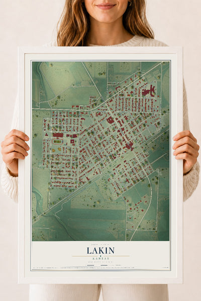 Map of Lakin, Kansas, 18 x 24 inch print in a white wood frame