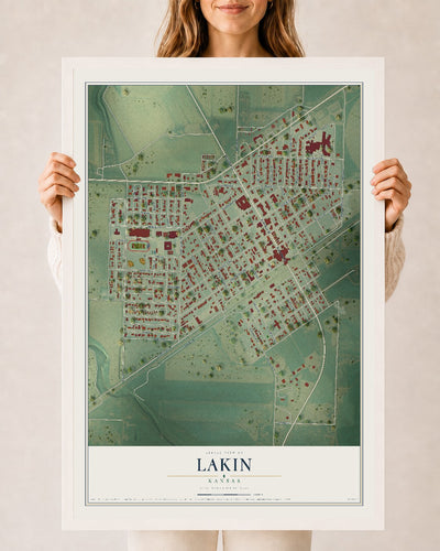 Map of Lakin, Kansas, 24 x 36 inch print in a white wood frame