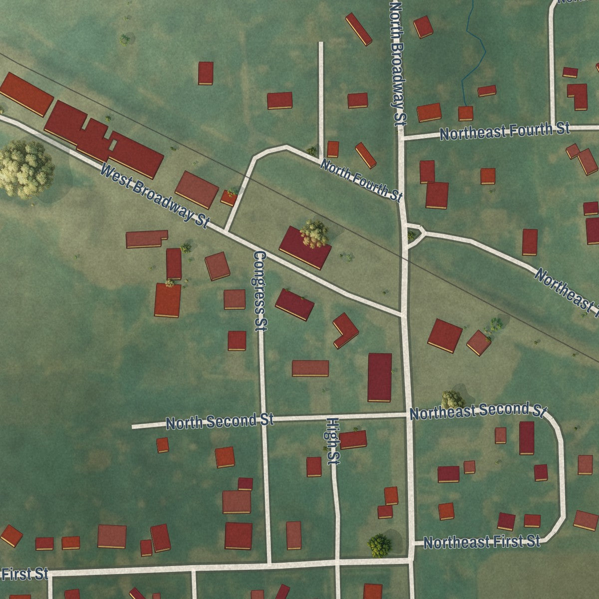 Close-up of the map of Lancaster, Kansas print showing street and building detail