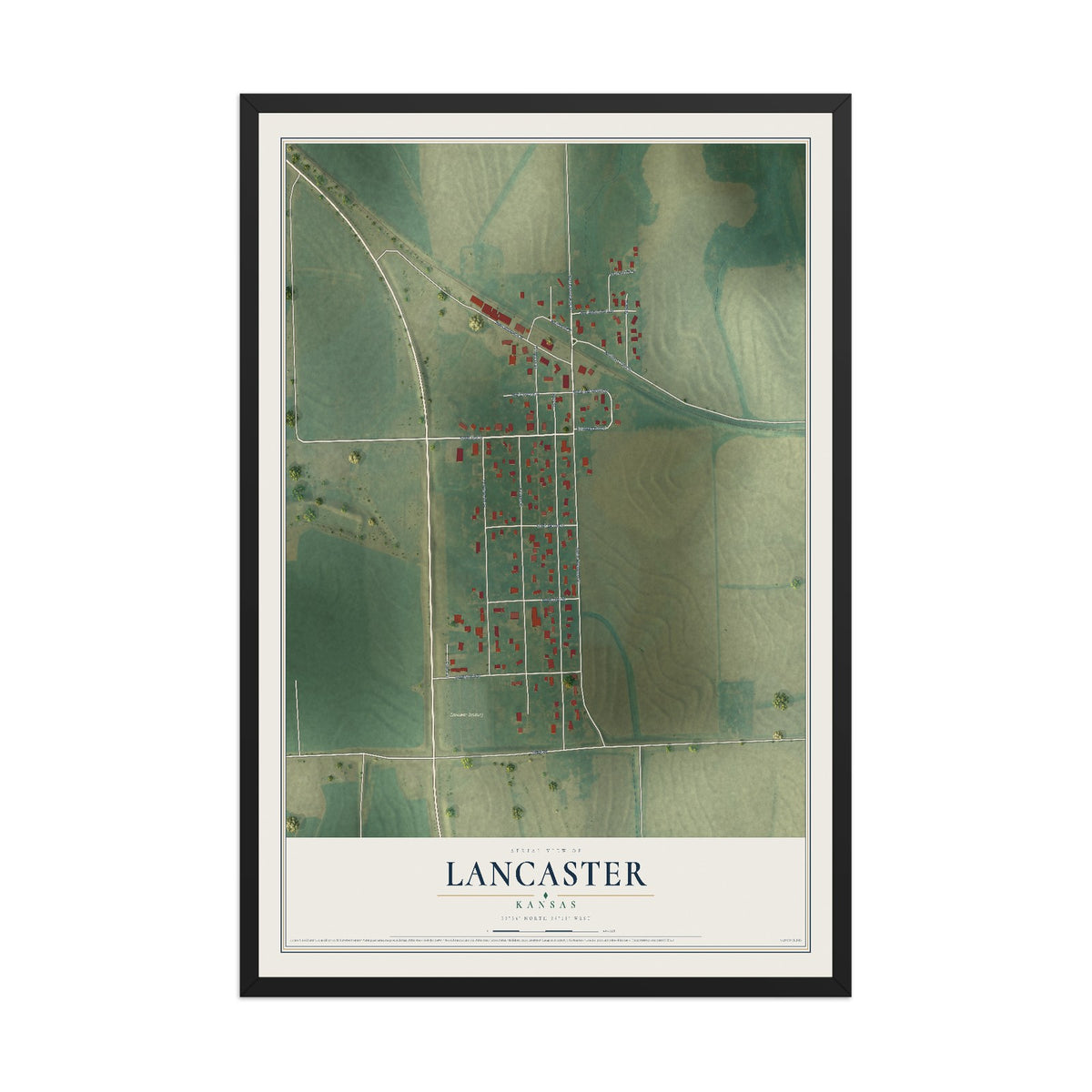Map of Lancaster, Kansas, 12 x 18 inch print in a black wood frame