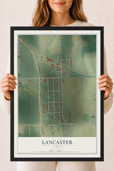 Map of Lancaster, Kansas, 18 x 24 inch print in a black wood frame