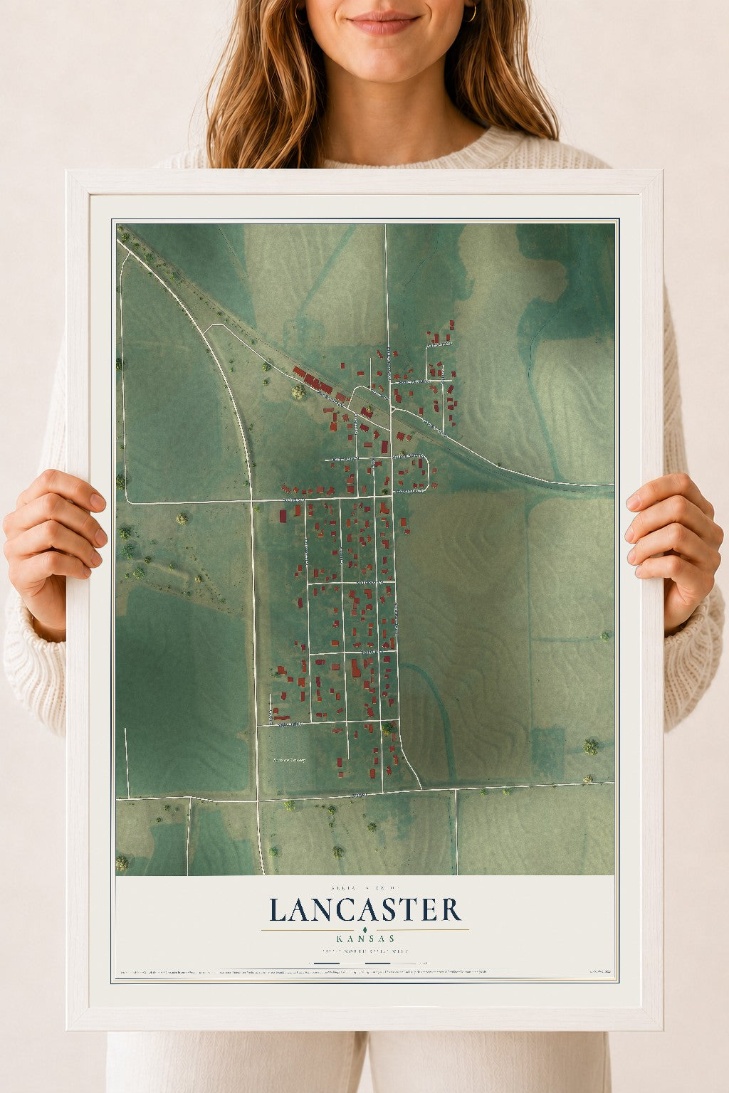 Map of Lancaster, Kansas, 18 x 24 inch print in a white wood frame