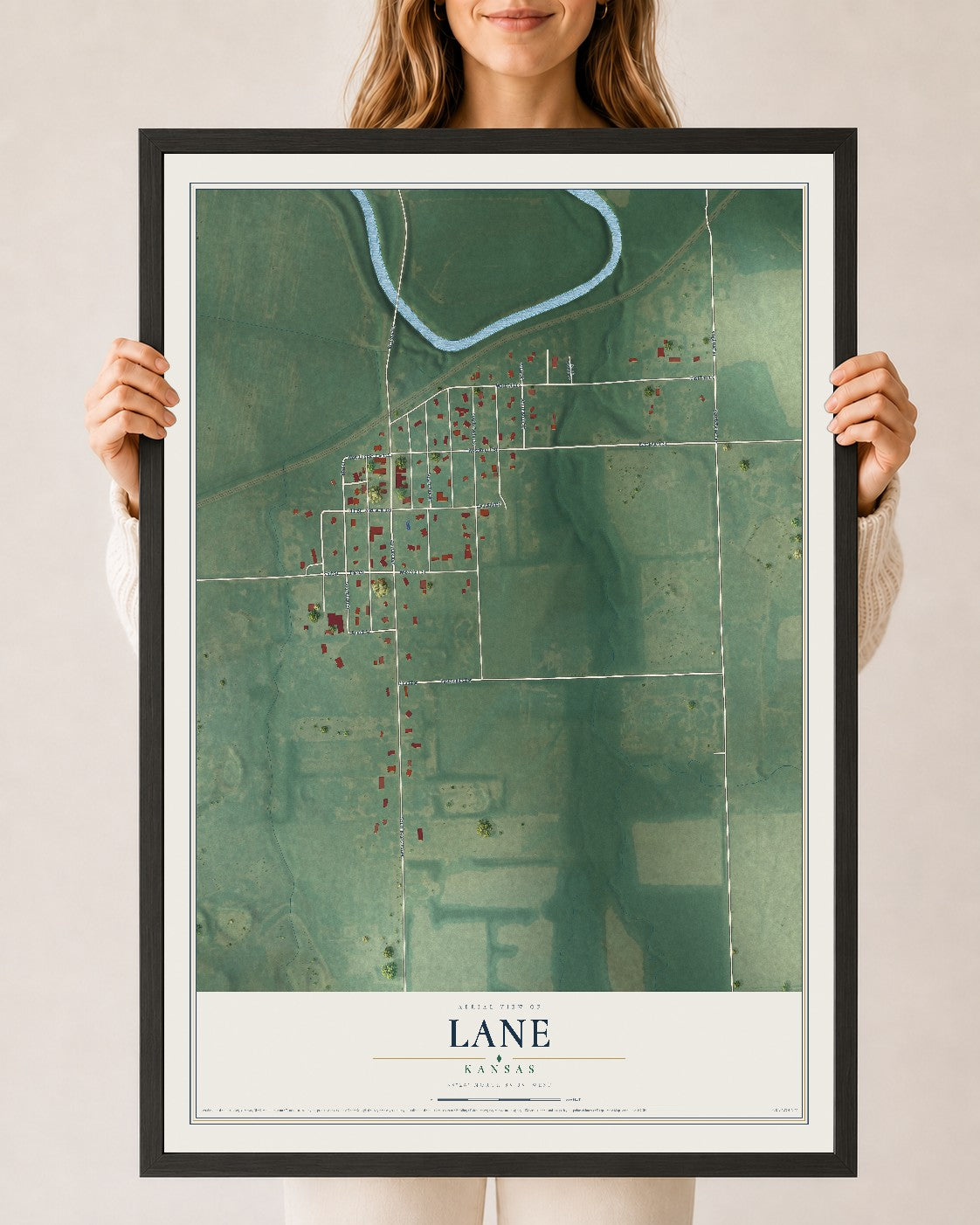 Map of Lane, Kansas, 24 x 36 inch print in a black wood frame