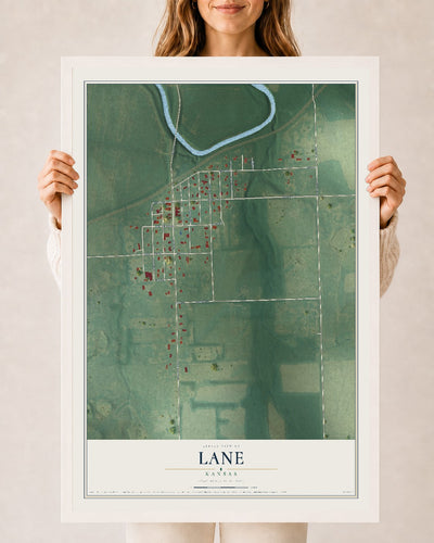 Map of Lane, Kansas, 24 x 36 inch print in a white wood frame