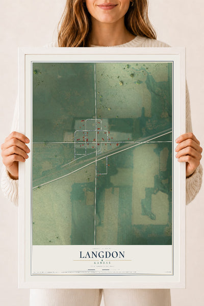 Map of Langdon, Kansas, 18 x 24 inch print in a white wood frame