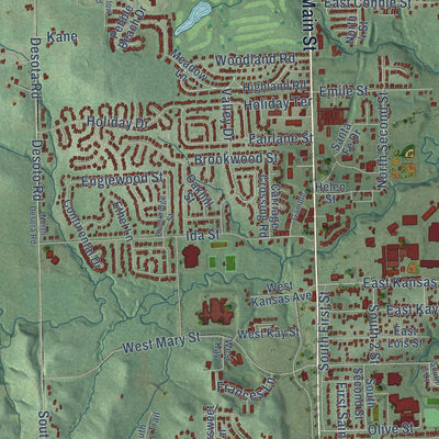 Close-up of the map of Lansing, Kansas print showing street and building detail