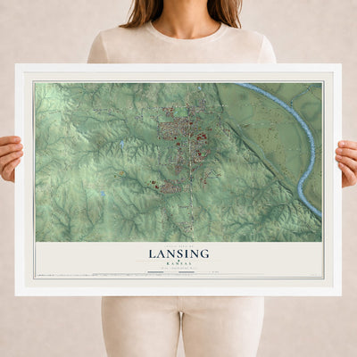 Map of Lansing, Kansas, 18 x 24 inch print in a white wood frame