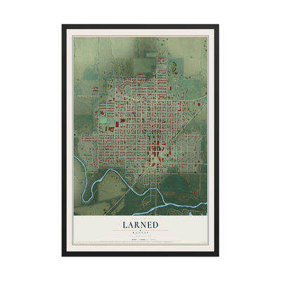 Map of Larned, Kansas, 12 x 18 inch print in a black wood frame
