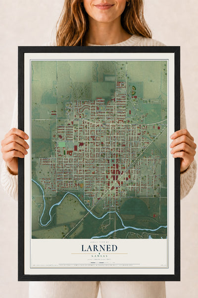 Map of Larned, Kansas, 18 x 24 inch print in a black wood frame