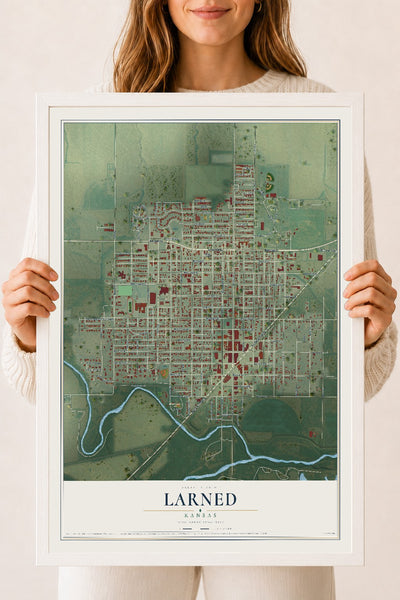 Map of Larned, Kansas, 18 x 24 inch print in a white wood frame