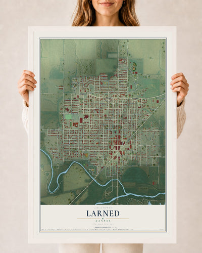 Map of Larned, Kansas, 24 x 36 inch print in a white wood frame