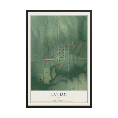 Map of Latham, Kansas, 12 x 18 inch print in a black wood frame