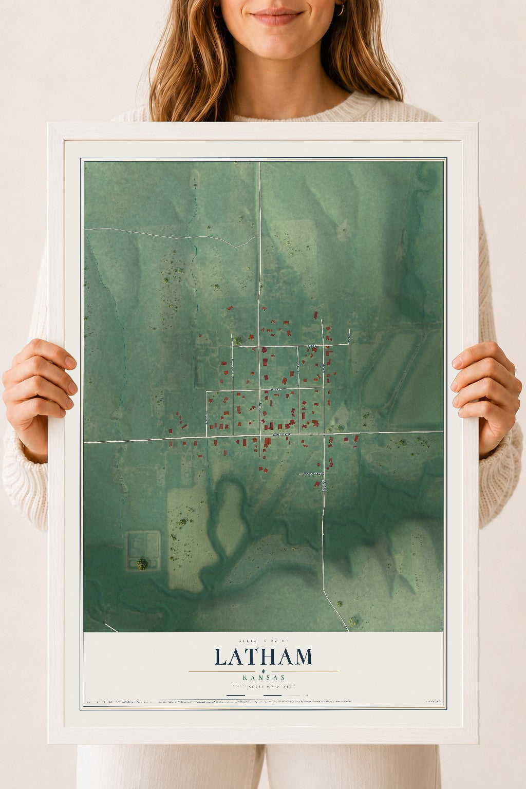 Map of Latham, Kansas, 18 x 24 inch print in a white wood frame