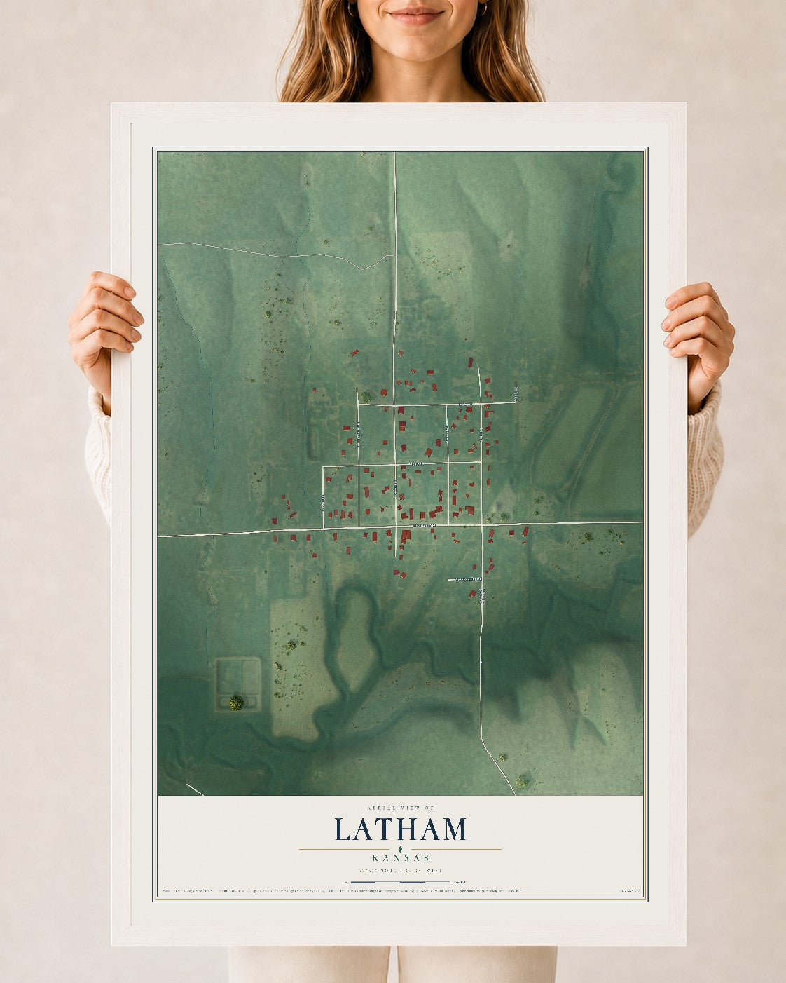 Map of Latham, Kansas, 24 x 36 inch print in a white wood frame