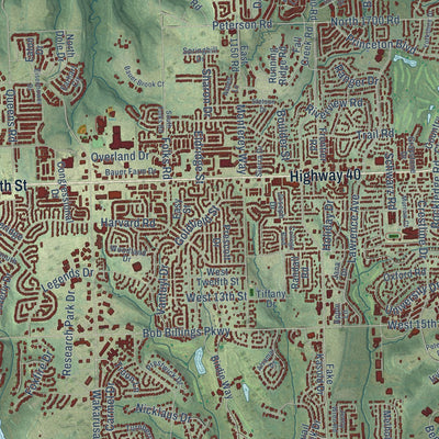 Close-up of the map of Lawrence, Kansas print showing street and building detail