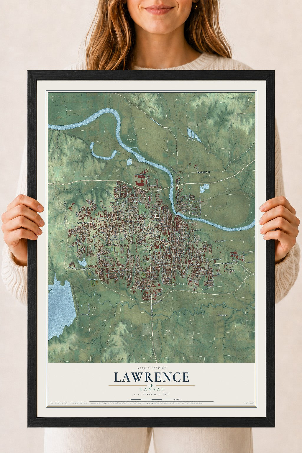 Map of Lawrence, Kansas, 18 x 24 inch print in a black wood frame