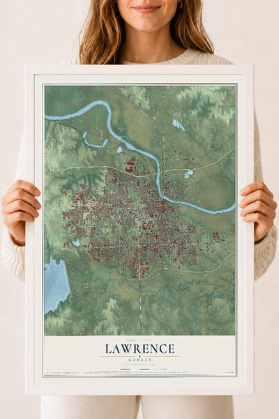 Map of Lawrence, Kansas, 18 x 24 inch print in a white wood frame