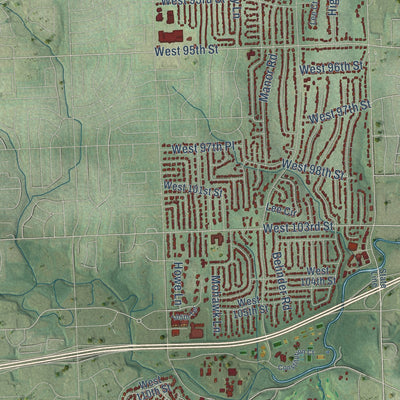 Second close-up of the map of Leawood, Kansas print showing more streets and buildings