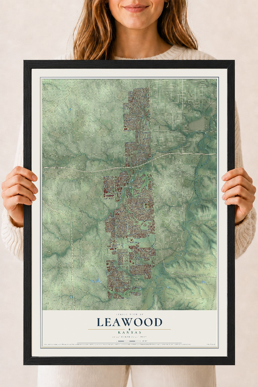 Map of Leawood, Kansas, 18 x 24 inch print in a black wood frame