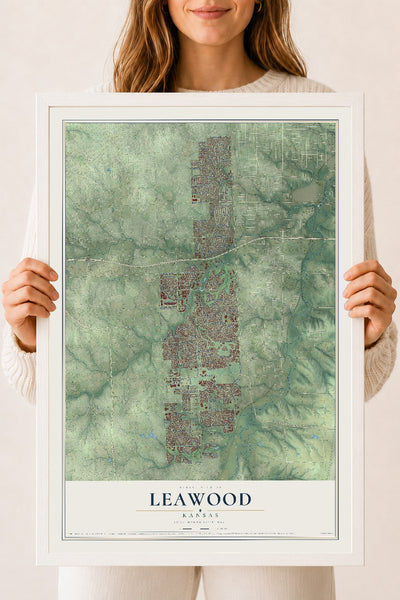 Map of Leawood, Kansas, 18 x 24 inch print in a white wood frame