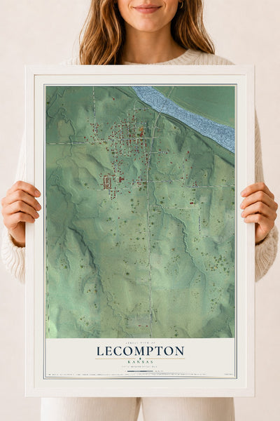 Map of Lecompton, Kansas, 18 x 24 inch print in a white wood frame
